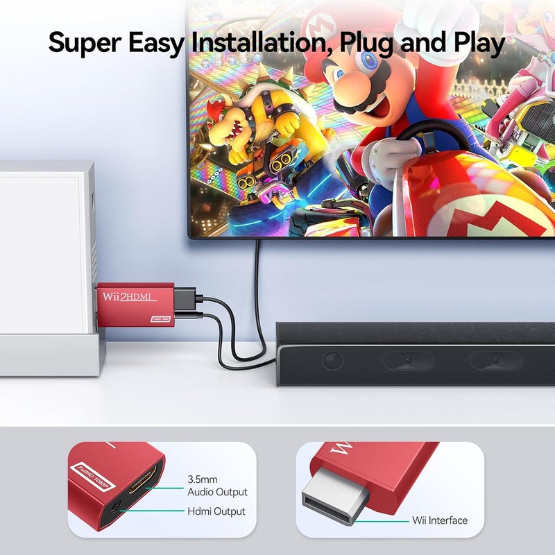 GANA Wii to HDMI Converter Adapter with Hdmi Cable Connect Wii Console to HDMI Display in 1080p Output Video with 3.5mm Audio Supports All Wii Display Modes Red - Image 4